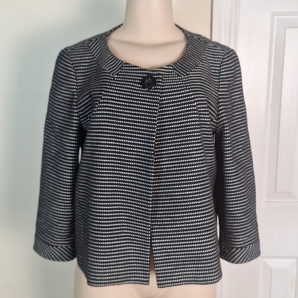 Talbots Black & White Square Dot Textured Cotton Cropped Blazer Jacket Size 12